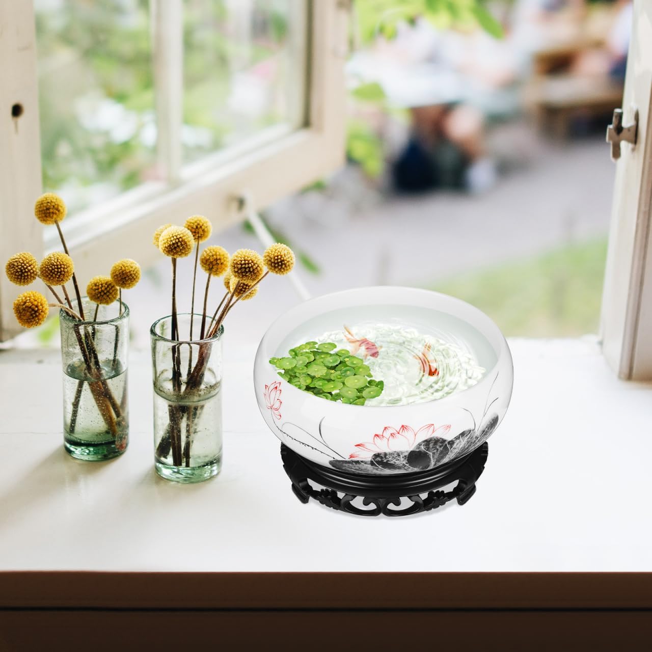 Ceramics Water Lily Bowl with Stand Chinese Style Hydroponic Planter Pot Round Narcissus Flowerpot Bonsai Daffodil Planting Container Garden Decoration 7 Inch