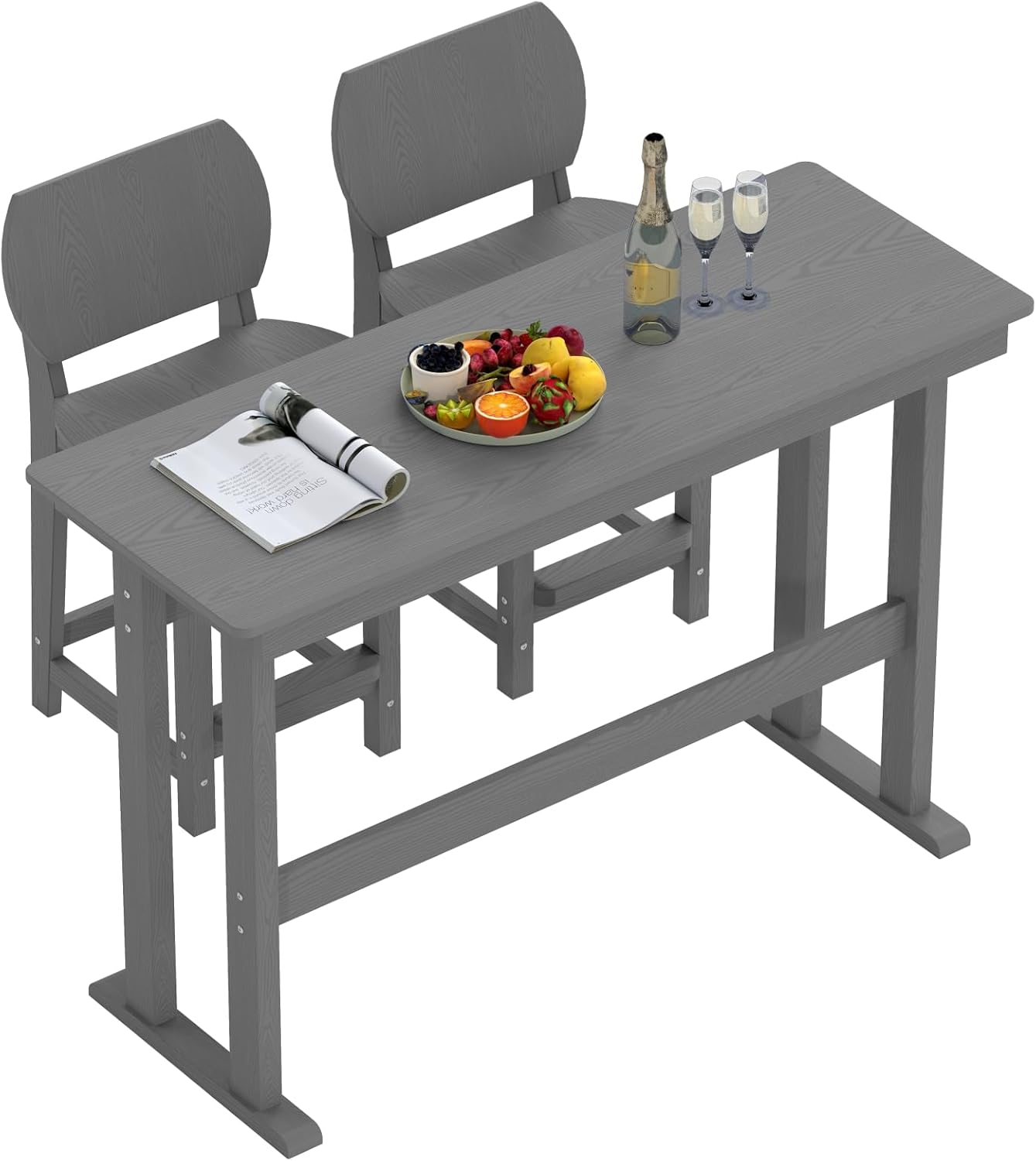 3-Piece Outdoor Patio Bar Table and Chairs Set, All-Weather HDPE High Top Table with 2 Armless Bar Stools, HDPE Bar Furniture Set for Outside, Poolside, Backyard, Garden (Grey)