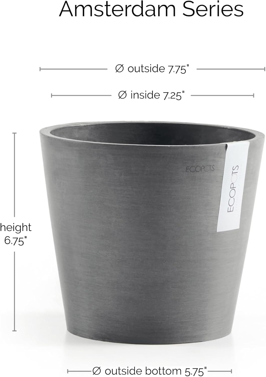 Ecopots Amsterdam Durable Modern Round Indoor/Outdoor Recycled-Based Composite Flower Pot Planter, Grey, 8"