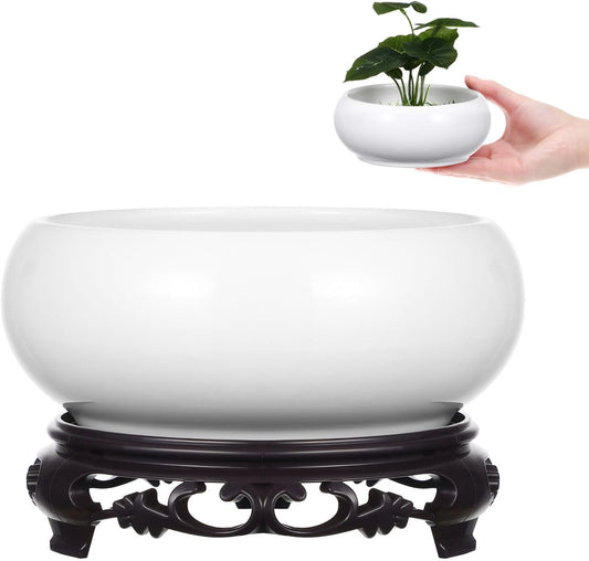 Ceramic Chinese Pot with Base White Water Lily Bowl 6Inch Porcelain Lotus Pot Jardiniere Planter Oriental Fish Bowl Bonsai Vase