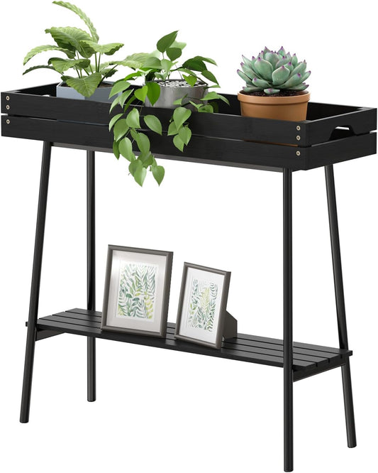 BAMBANG Bamboo Plant Stand Indoor, 2 Tier Small Plant Table, Tall Plant Stand for Indoor Plants, Window Sill Plant Shelf, Flower Pot Holder Plant Bench Plant Rack for Living Room Outdoor, Black