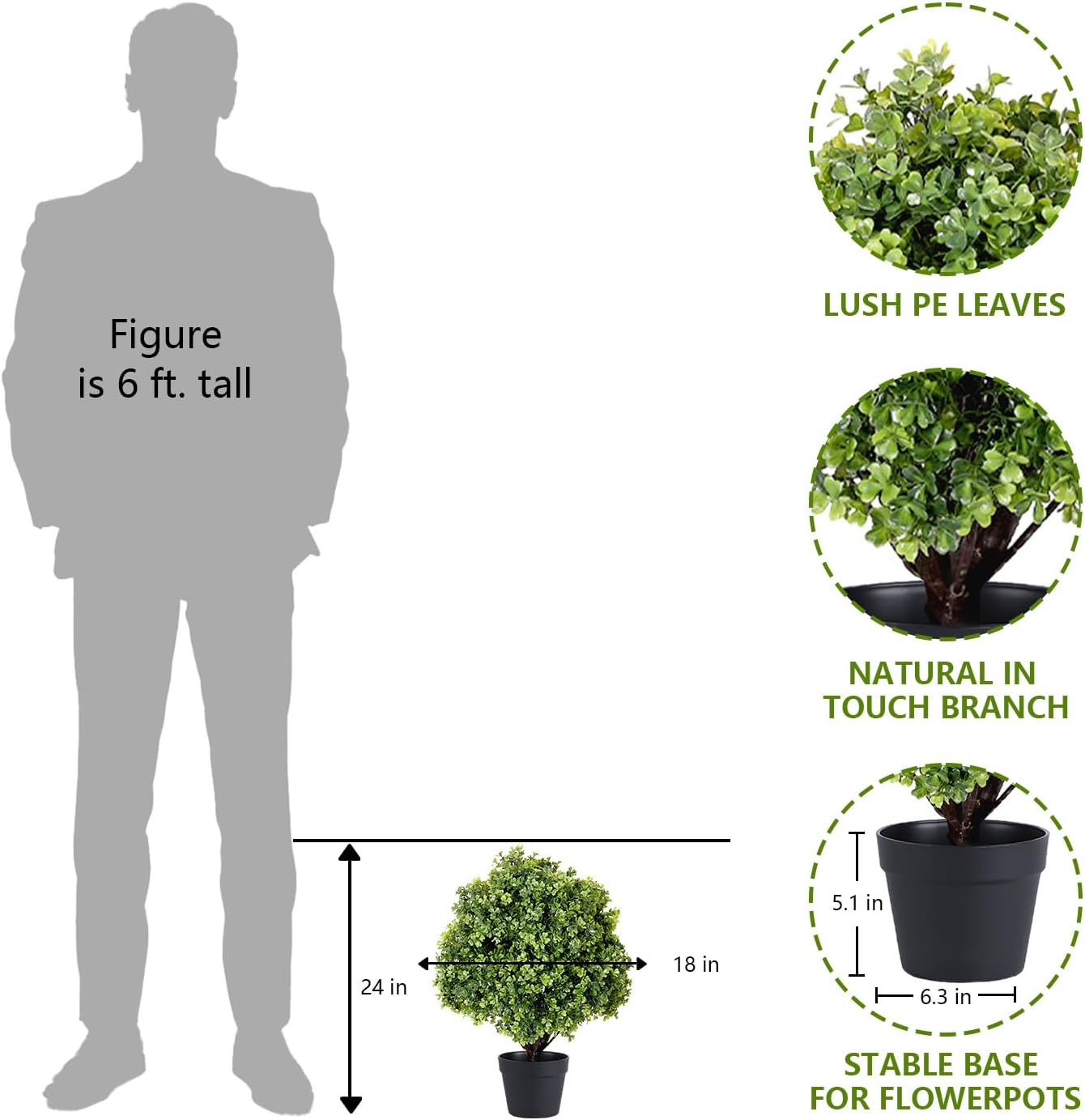 THE BLOOM TIMES 2ft Faux Boxwood Plants Outdoor Set of 2, Topiary Balls Artificial Outside Trees, 24" UV Resistant Fake Greenery Bushes & Shrubs for Front Porch Planter