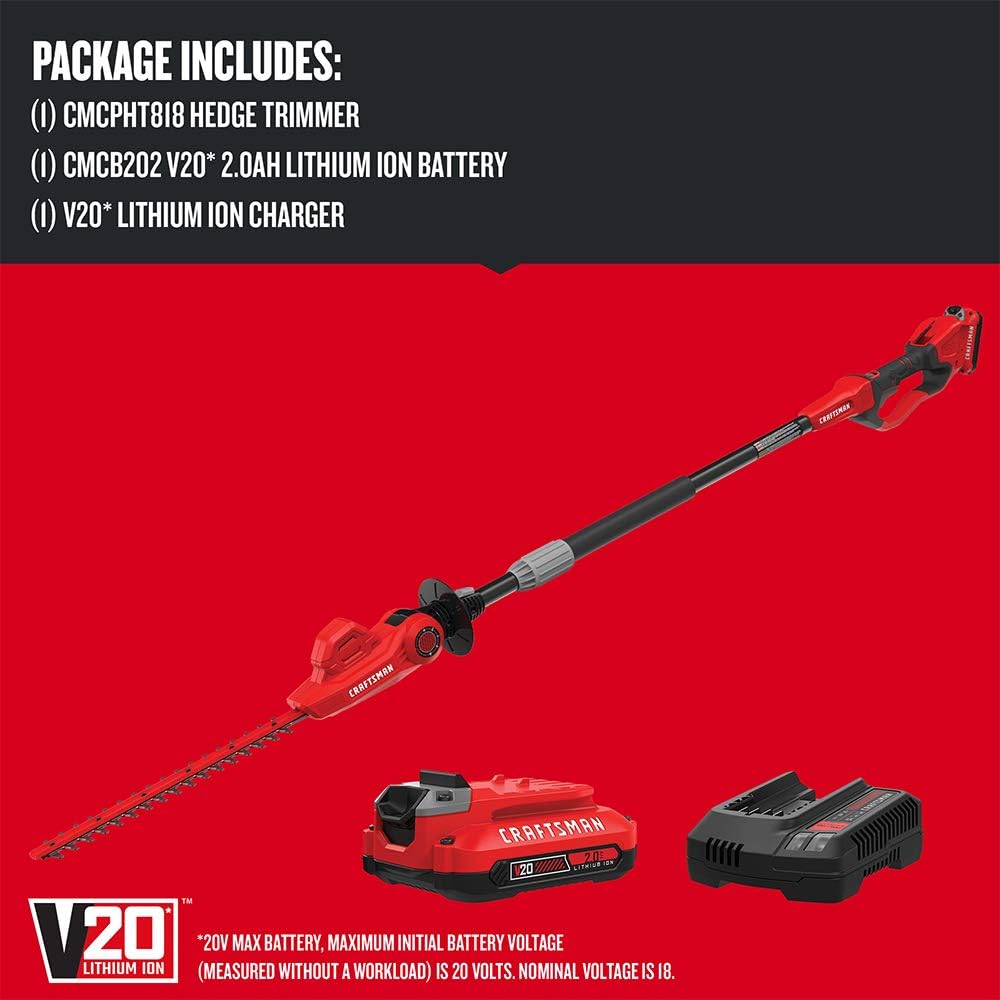 Craftsman V20 Cordless Pole Hedge Trimmer (CMCPHT818D1) and CRAFTSMAN V20 Cordless Handheld Grass Trimmer and Mini Hedge Trimmer Kit (CMCSS800C1)