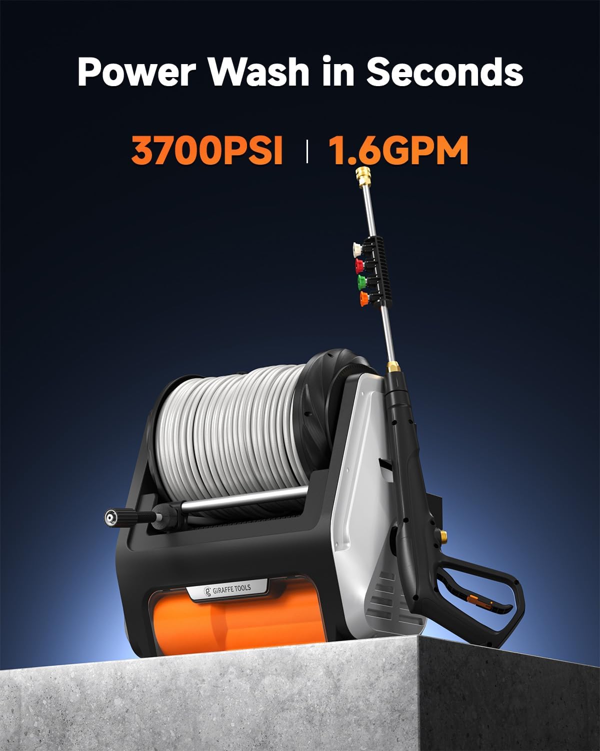 Giraffe Tools Wall Mounted Pressure Washer PRO with Upgraded 1800W Brushless Motor, Max 3700PSI Electric Power Washer with 100ft Detachable Hose for Car/Patios, Automatic Rewind, Any Length Lock