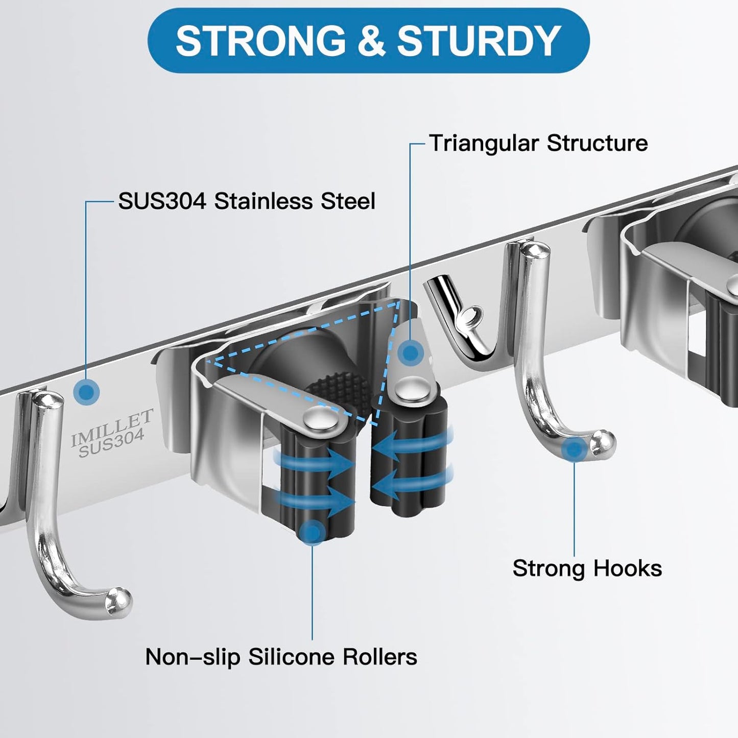 IMILLET 2 Broom Holder Wall Mounted, Stainless Steel Broom Mop Holder Self Adhesive Heavy Duty Hooks Storage Organizer for Home Laundry Room Garden Garage Closet Kitchen（4 Racks with 5 Hooks）