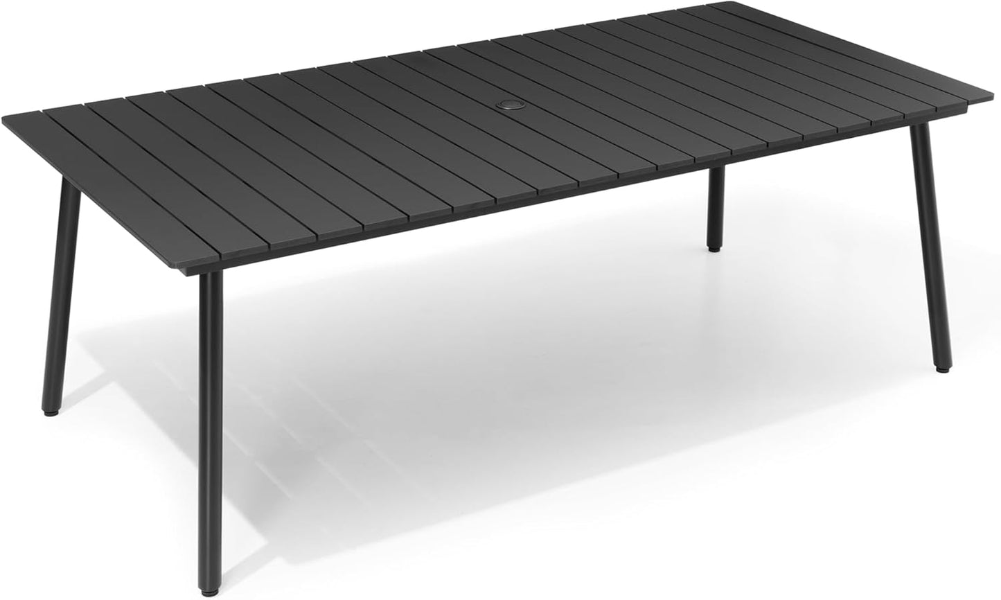 Outdoor Dining Table for 6-8, 82.7 inch Patio Dining Table with Wooden-Like Top and Aluminum Frame, Rectangular Table with Umbrella Hole Outdoor Furniture, Only Table, Black