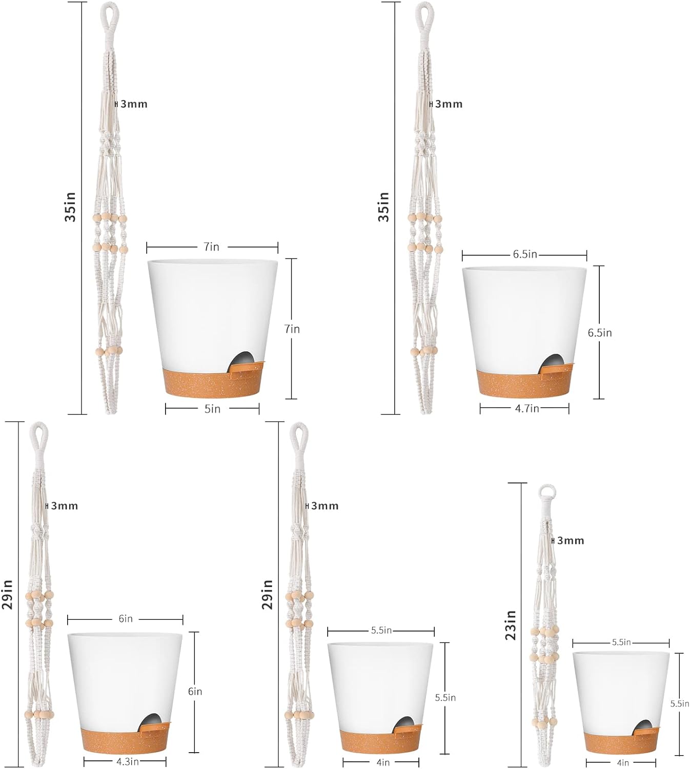 GARDIFE Hanging Planters for Indoor Plants,5Pcs Hanging Basket for Indoor Boho Home Decor,Macrame Plant Hanger,35 Inches,29Inch,23Inch, Ivory,Self Watering Planters, 7/6.5/6/5.5/5 Inch,White&White