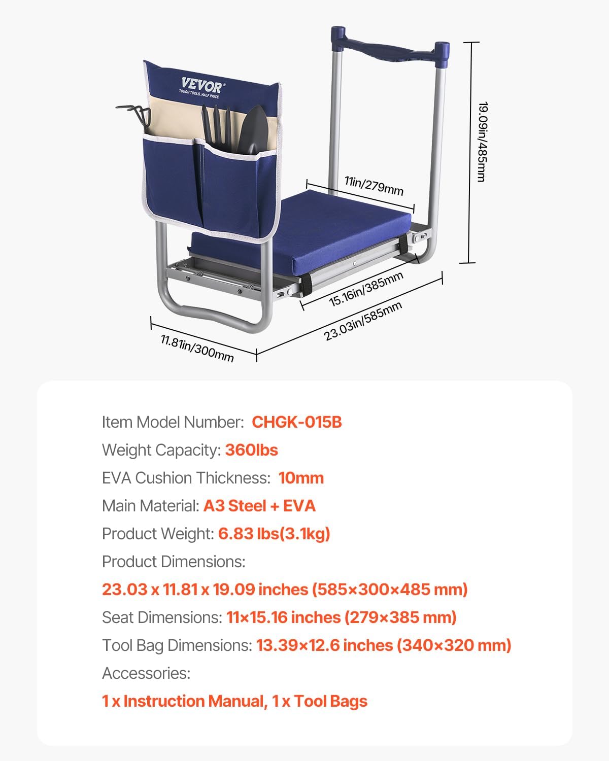 VEVOR Large Folding Garden Kneeler and Seat Heavy Duty, Widened 10" EVA Foam Pad, Portable Garden Stool with Tool Bags, Gardening Bench to Relieve Knee & Back Pain, Gifts for Seniors, Women, Parents