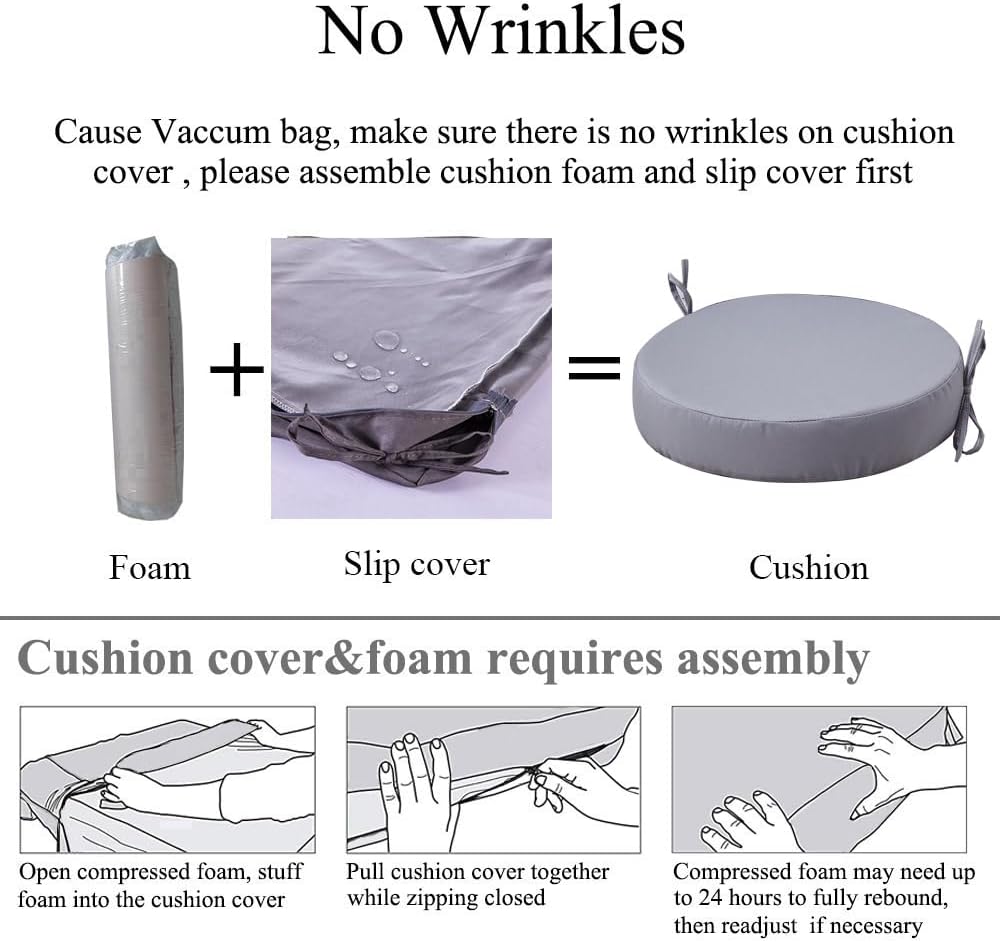 15 x 15 Inch Round Cushions for Outdoor Furniture Non-Slip Waterproof Patio Bistro Chair Cushion with Ties Bar Stool Seat Cushion for Kitchen Chairs Set of 2, Light Gray