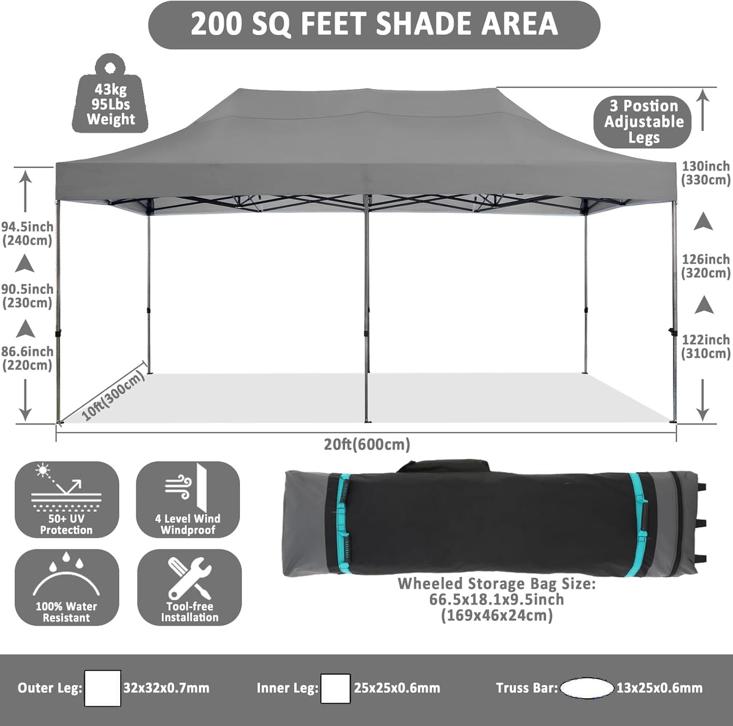 COBIZI 10x20 Pop Up Canopy Without Sidewall,Heavy Duty Canopy UPF 50+ All Season Wind Waterproof Commercial Outdoor Wedding Party Tents for Parties Gazebo with Roller Bag(10 x 20 ft Gray)