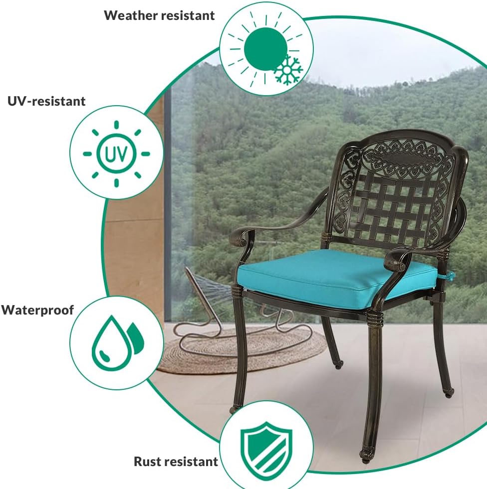 VIVIJASON 3-Piece Patio Bistro Set, All-Weather Cast Aluminum Outdoor Furniture Dining Sets Include 2 Cushioned Chairs and 31" Round Table w/Umbrella Hole for Balcony, Backyard, Ocean Blue Cushion
