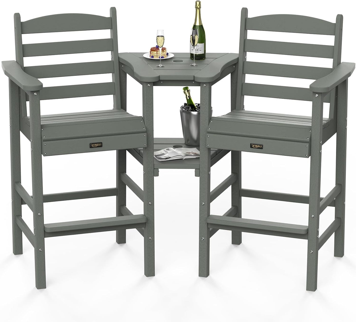 VINGLI Tall Adirondack Chairs Set of 2 with Removable Double Connecting Trays, HDPE Weather Resistance Outdoor Bar Stools Heavy Duty Patio Table and Chars Set Poly Deck Chairs for Pool Balcony (Gray)