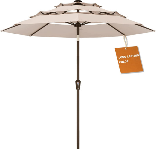 Kingdura 10ft 3-Tier Patio Umbrella, Outdoor Table Umbrella with Easy Crank & Tilt, 8 Reinforced Ribs, UV Protection for Deck, Pool, Market, Backyard (Beige)