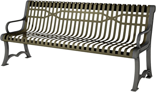 Heavy-Duty Outdoor Bench Thermoplastic Coated, Slatted Steel, Commercial-Grade Garden Bench, Made in America (Portable with Back, 4 Ft, Textured Gold Vein)