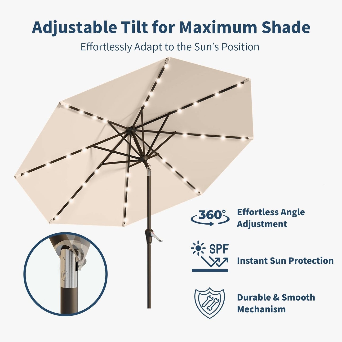 10FT Solar Umbrella 32 LED Lighted Patio Umbrella Table Market Umbrella w/Tilt and Crank, UV-Resistant Outdoor Umbrella for Pool, Garden, Deck, Beige