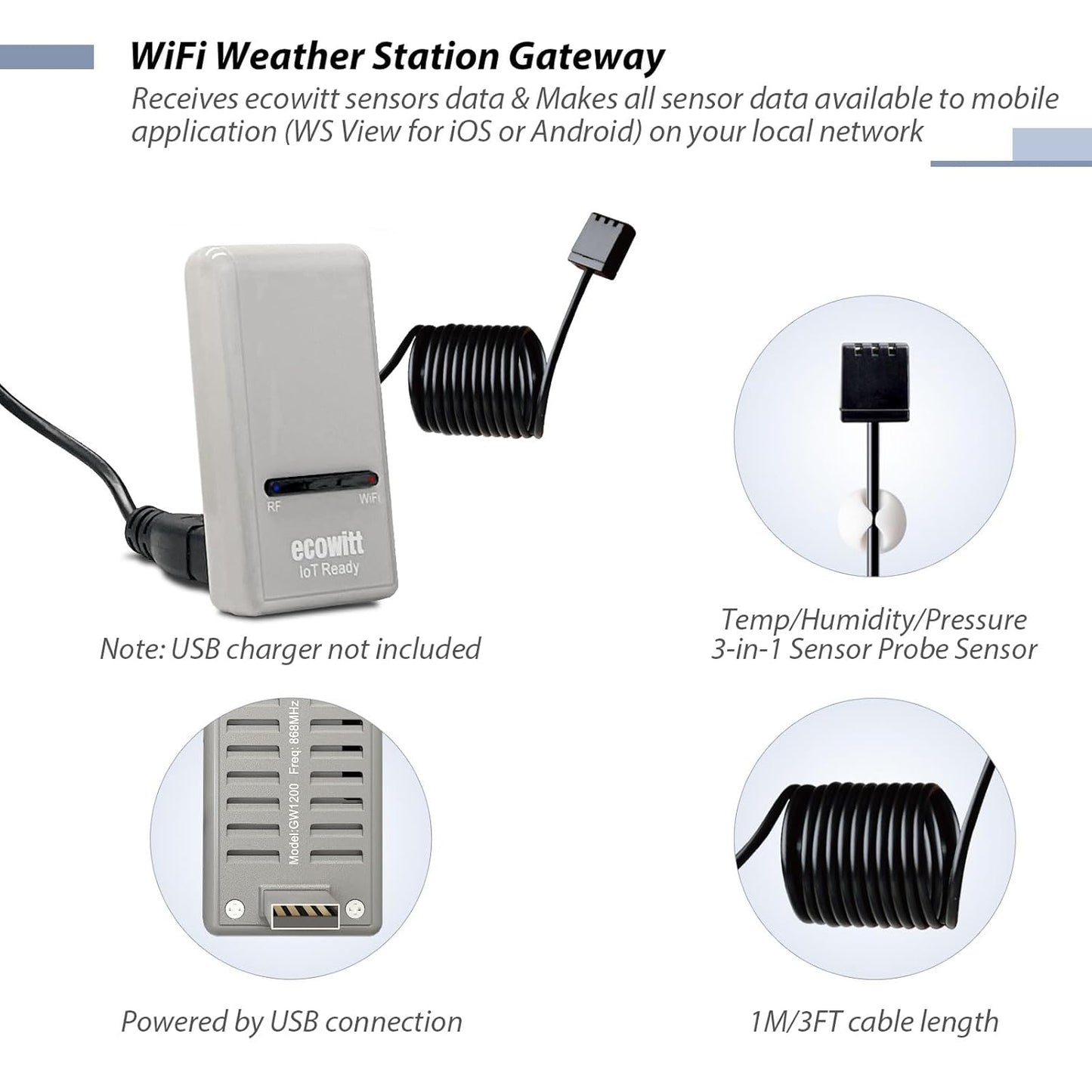 ECOWITT Wi-Fi Gateway Weather Station, with Built-in Temperature, Humidity, and Barometric Sensors, IOT Ready, Supports Ecowitt Sensors Developed, USB Power, 915 MHz