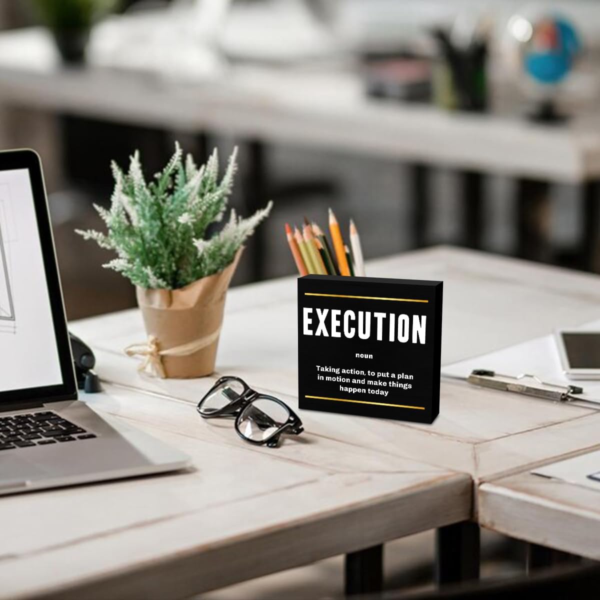 Execution Noun Entrepreneur Black Wooden Box Sign, Inspirational Office Decor, Decorative Table Shelf Desk Rustic Workplace Home Living Room Decor Office Decorations Desk Accessories ﻿
