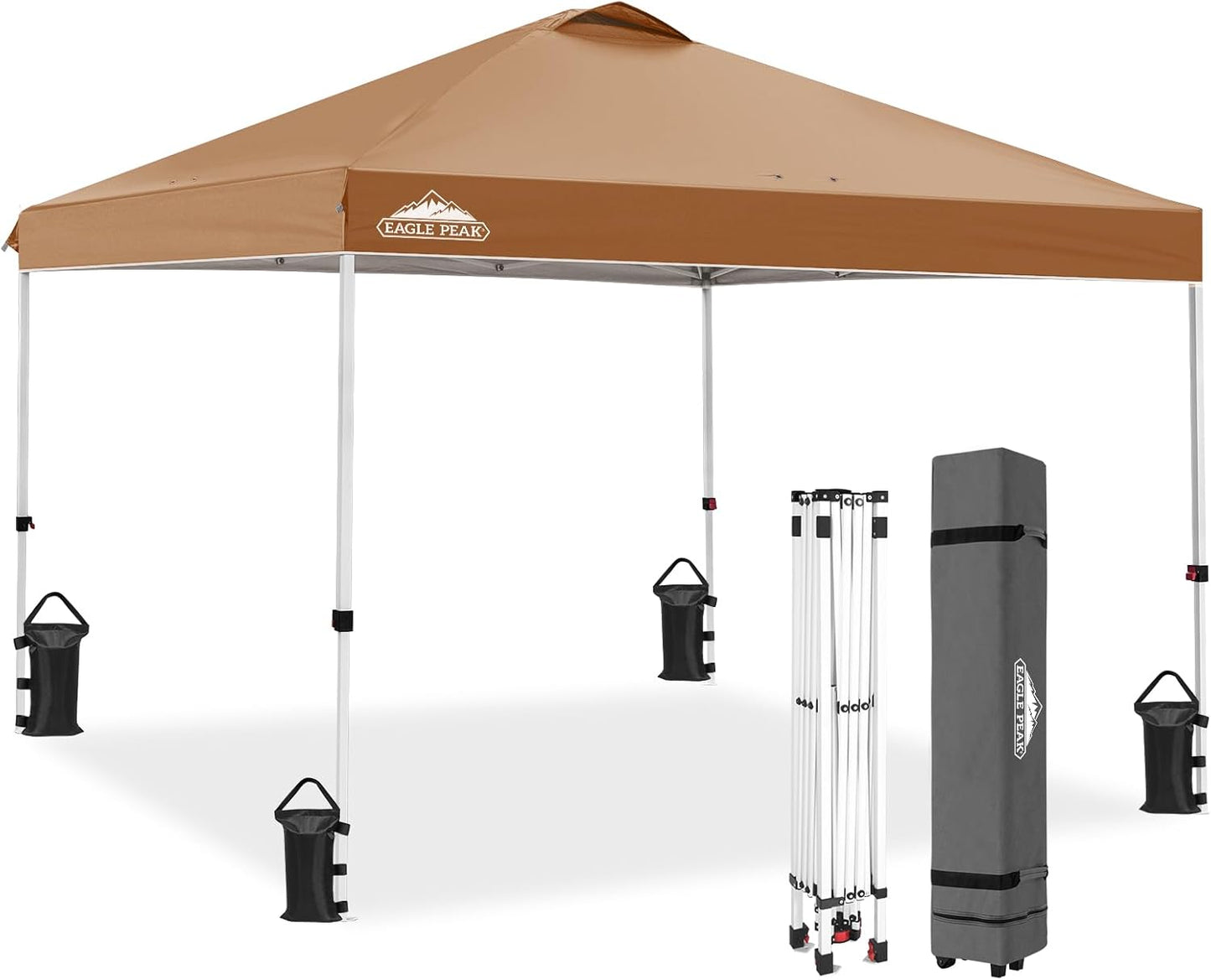 EAGLE PEAK Pop Up Canopy Tent with Wheeled Carry Bag, 8 Stakes, 4 Ropes, 4 Weight Bags, Easy Set Up Tent Canopy, 10x10 ft, 100sqft of Shade, Khaki
