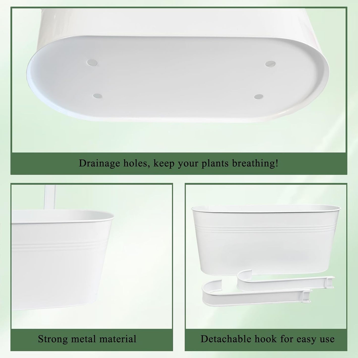 Hanging Planters for Outdoor Plants, 17" Railing Planter Pots, Metal Fence Flower Pot for Porch Balcony with Detachable Hook (White, Pack of 6)