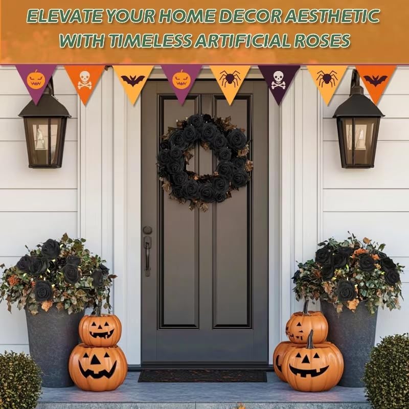 50 PCS Fake Black Roses, Artificial Flowers Bulk Halloween Decorations Realistic Silk Faux Black Roses with Stems for Gothic Wedding Party Decor, Bridal Bouquets DIY Floral Arrangement Home Decor