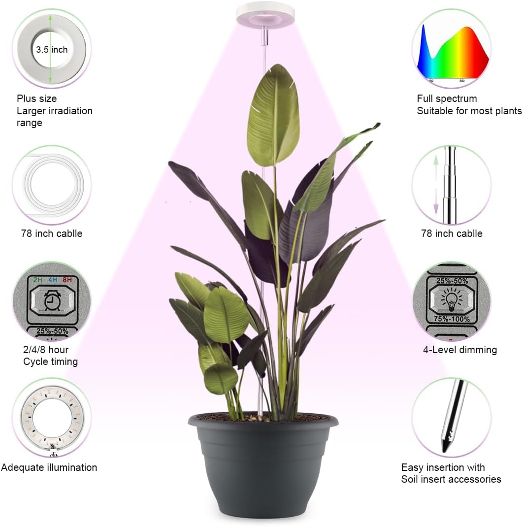 11 Inch Plant Pots with 2 x LED Grow Lights for Indoor Plants and 1 x Soil Moisture Meter - Complete Indoor Plant Care Set, 2 Pack Flower Pots with Drainage Holes and Plug, Gray