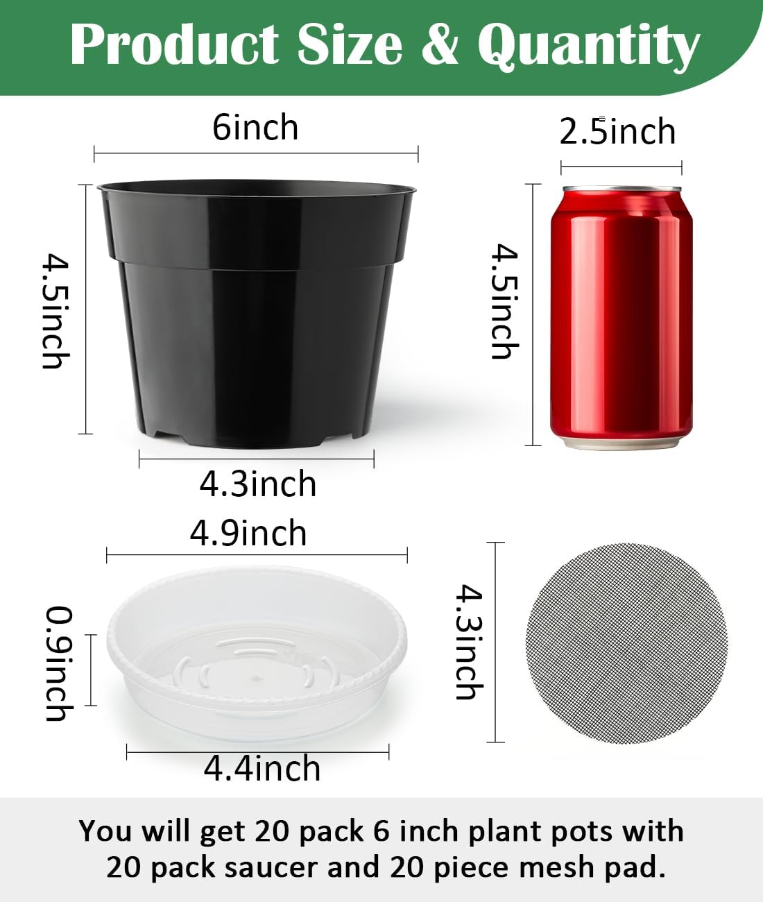20 Pack Plant Pots, 6 Inch Plastic Plant Planter with Saucers and Mesh Mats, Durable Flower Pots with Drainage Holes Perfect for Indoor Outdoor, Black