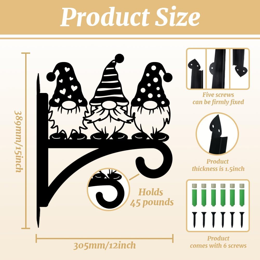 peacoblue Iron Plant Hangers Hooks for Outdoor Indoor Hanging Plants Flower Fern Pots, Lantern, Bird Feeder, 12”x14”Gnome Weather Resistant Metal Wall Brackets Holder for Porch, Garden, House(Gnome)