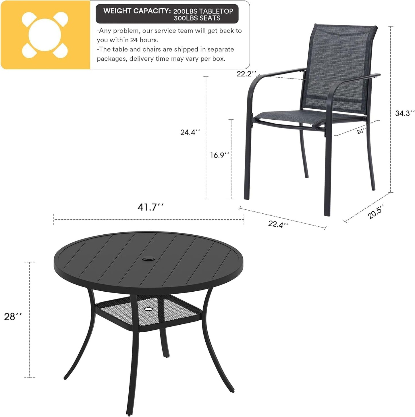 VICLLAX 5 Pieces Patio Dining Set, Outdoor Furniture Set Includes 41.2" Round Patio Table and 4 Patio Sling Chairs, Black Tabletop and Dark Grey Fabric