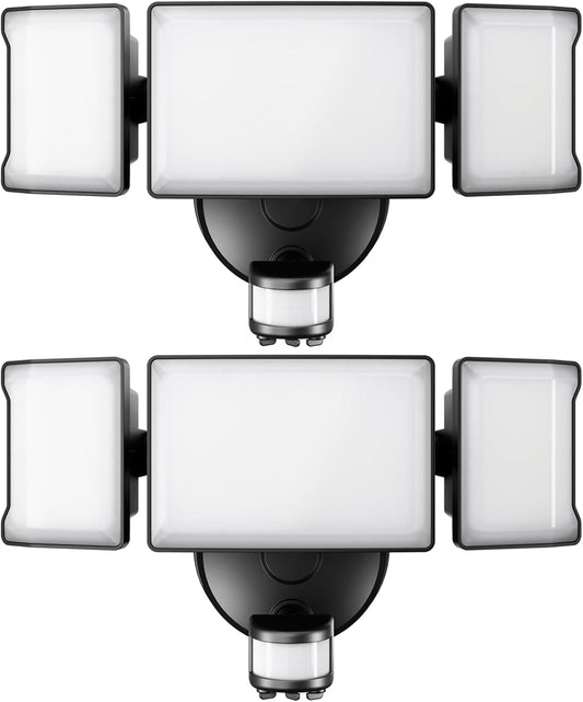 Olafus 65W Motion Sensor Outdoor Light, 2 Pack LED Security Light 6000LM, 6500K Exterior Motion Flood Light with 3 Adjustable Heads, for Outside Garage, Yard, Patio, IP65 Waterproof, Black