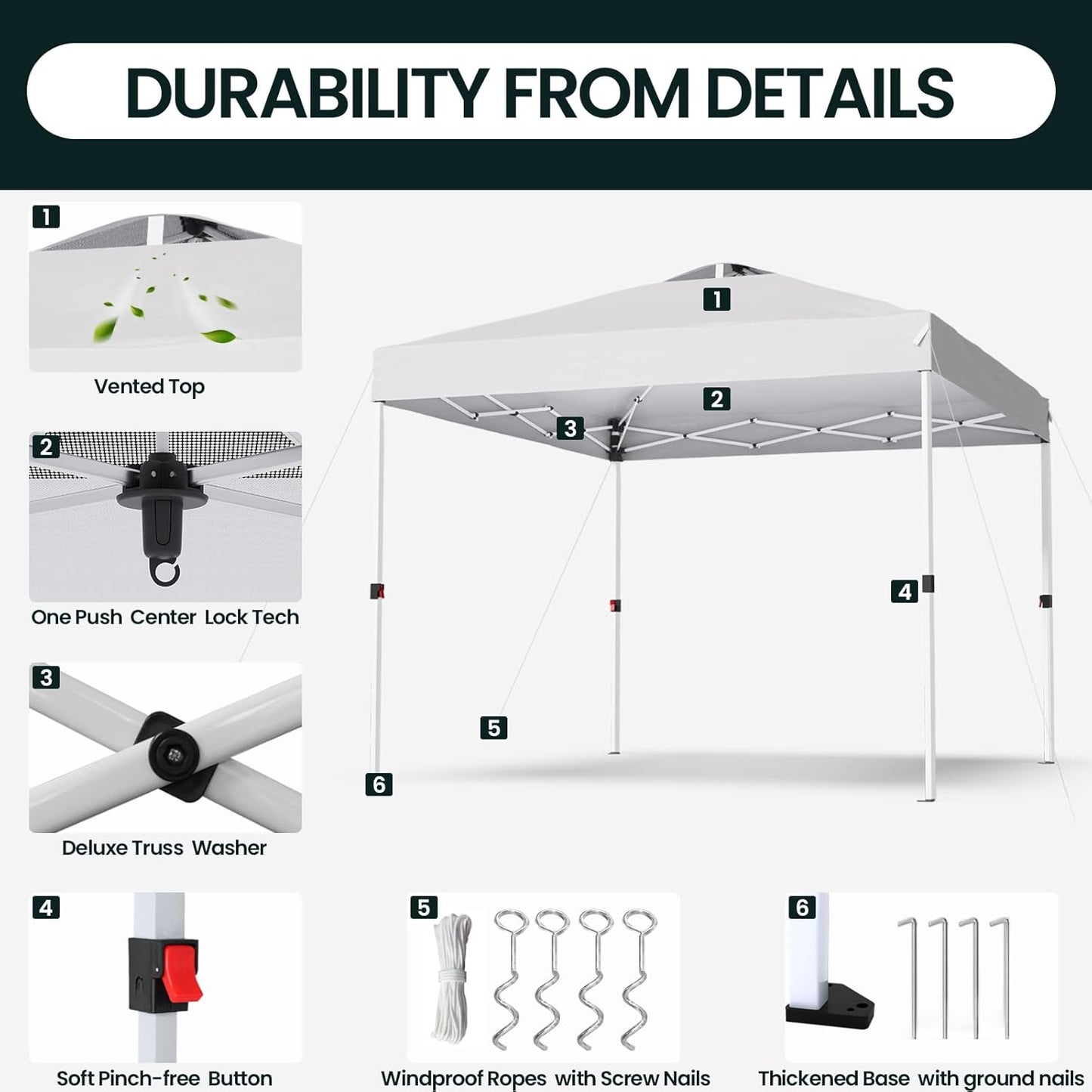 Shades 10x10 Pop Up Canopy with One Push Setup,Heavy Duty Beach Tent with Wheels for Easy Moving, Sun Shelter for Parties,Events, Outdoor Gazebo with 420D Coated Waterproof White Fabric