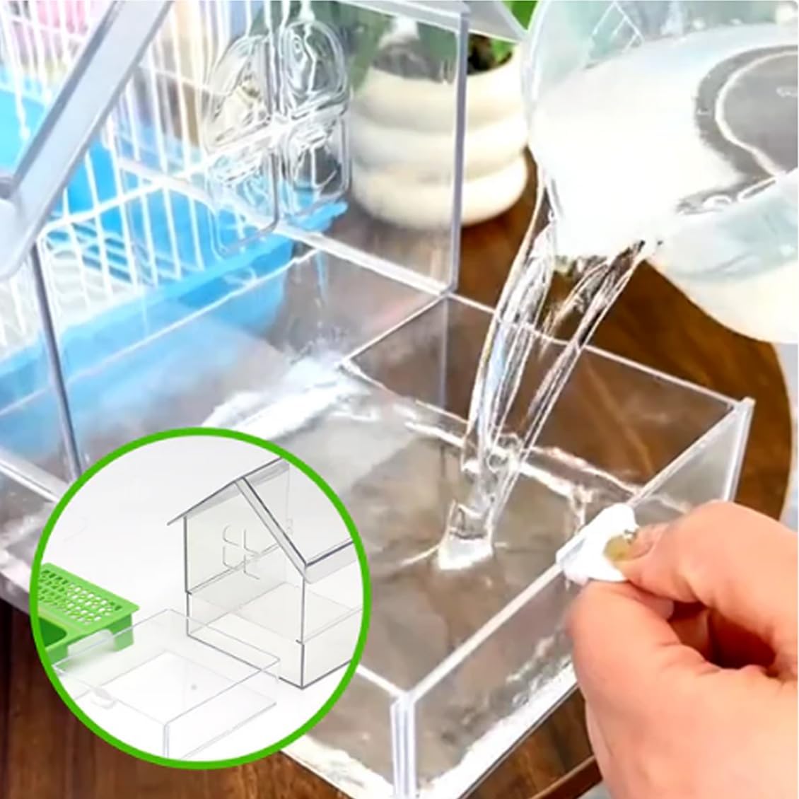2026 New Pull-Out External Parrot Feeder, Bird Bath for Cage, 7*6*5.5in Bird Feeder House, Transparent Parakeet Cage Accessories, Easy To Fill, Clean, Long-Lasting, for Finch and Hummingbird (Green)