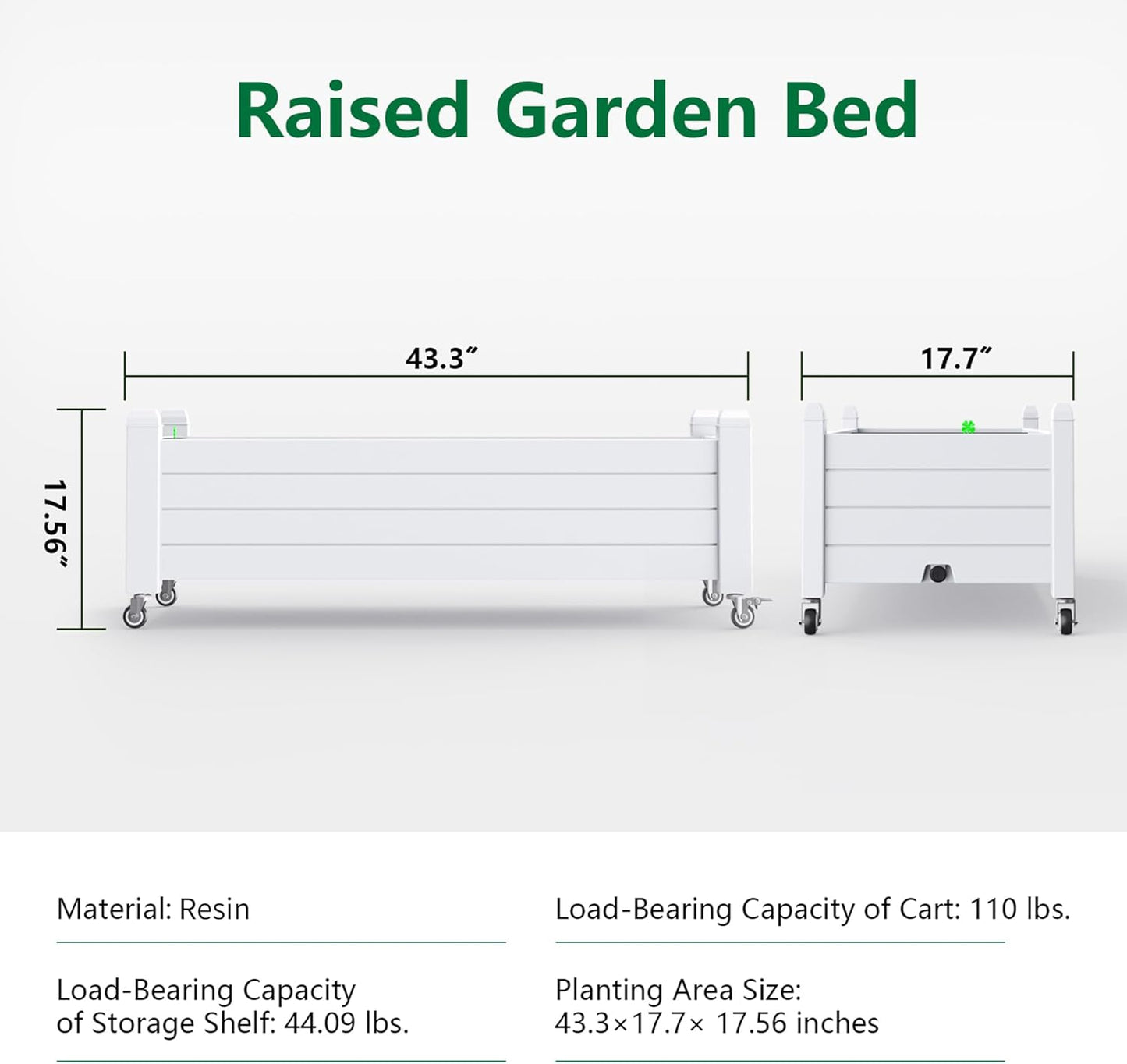 Horticulture Garden Bed, Divisible Resin Planter Box for Backyard, Patio, Balcony, with 4 Legs and 4 Swivel Lockable Wheels(Ashen,43.31 * 17.72 * 17.56)