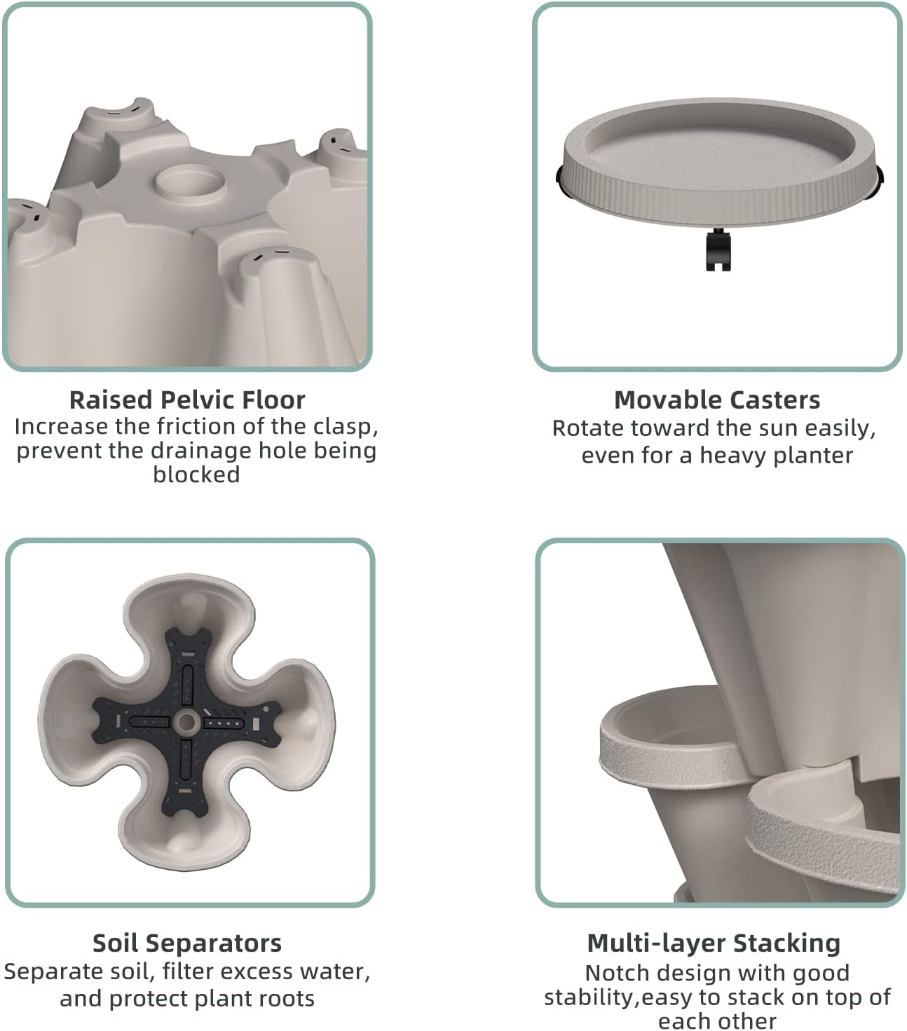 Strawberry Vertical Planter GardenTower, 5 Tiered Stackable Planter with Support Pole, Stacking Herb Vegetable Planters Indoor and Outdoor - Light Grey