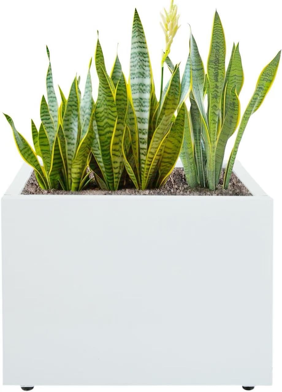 Galvanized Steel Rectangular Planter, 16"x 12"x 12" Small Planters for Outdoor Plants, White Outdoor Planter with Drainage Holes