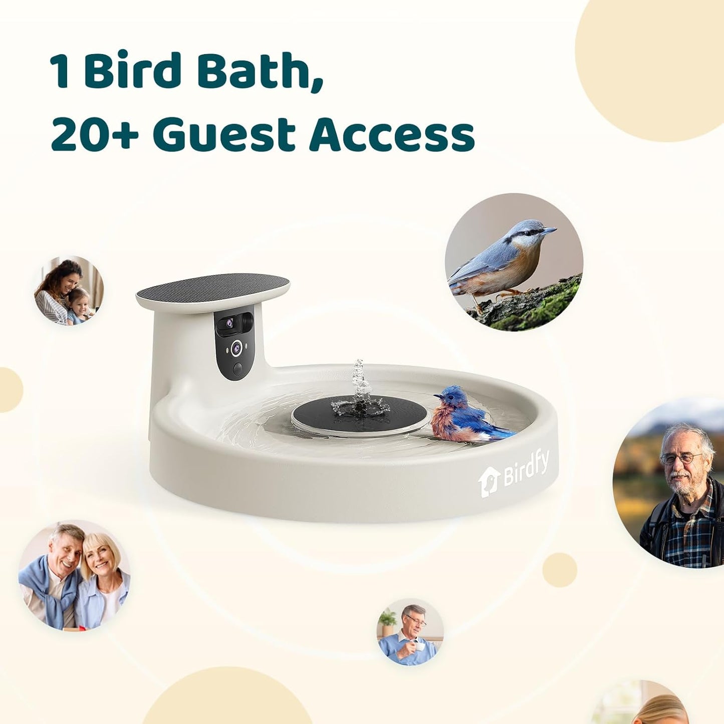 Birdfy Smart Bird Bath with Camera Solar Powered & Fountain, Dual-Lens Camera for Wildbird Watching, Auto Capture Bird Videos & Motion Detection - AI Lifetime Version (Yellowstone)