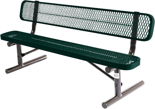 Heavy-Duty Portable Outdoor Bench Thermoplastic Coated, Expanded Metal, Commercial-Grade Seating, Made in America (Portable with Back, 6 Ft, Textured Dark Green)