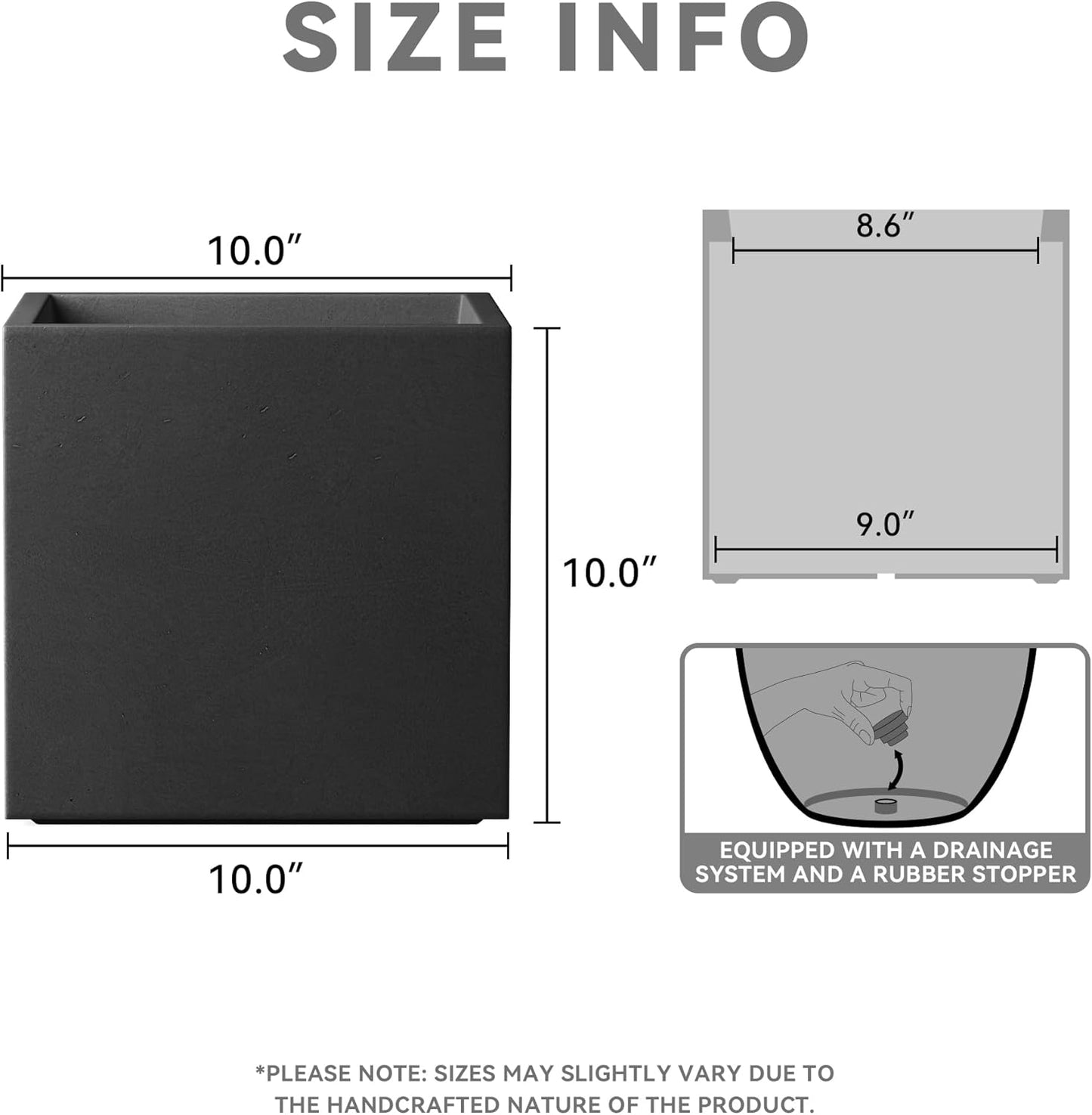 Kante 10 Inch Square Concrete Planter for Outdoor Indoor Home Patio Garden, Large Plant Pot with Drainage Hole and Rubber Plug, Black