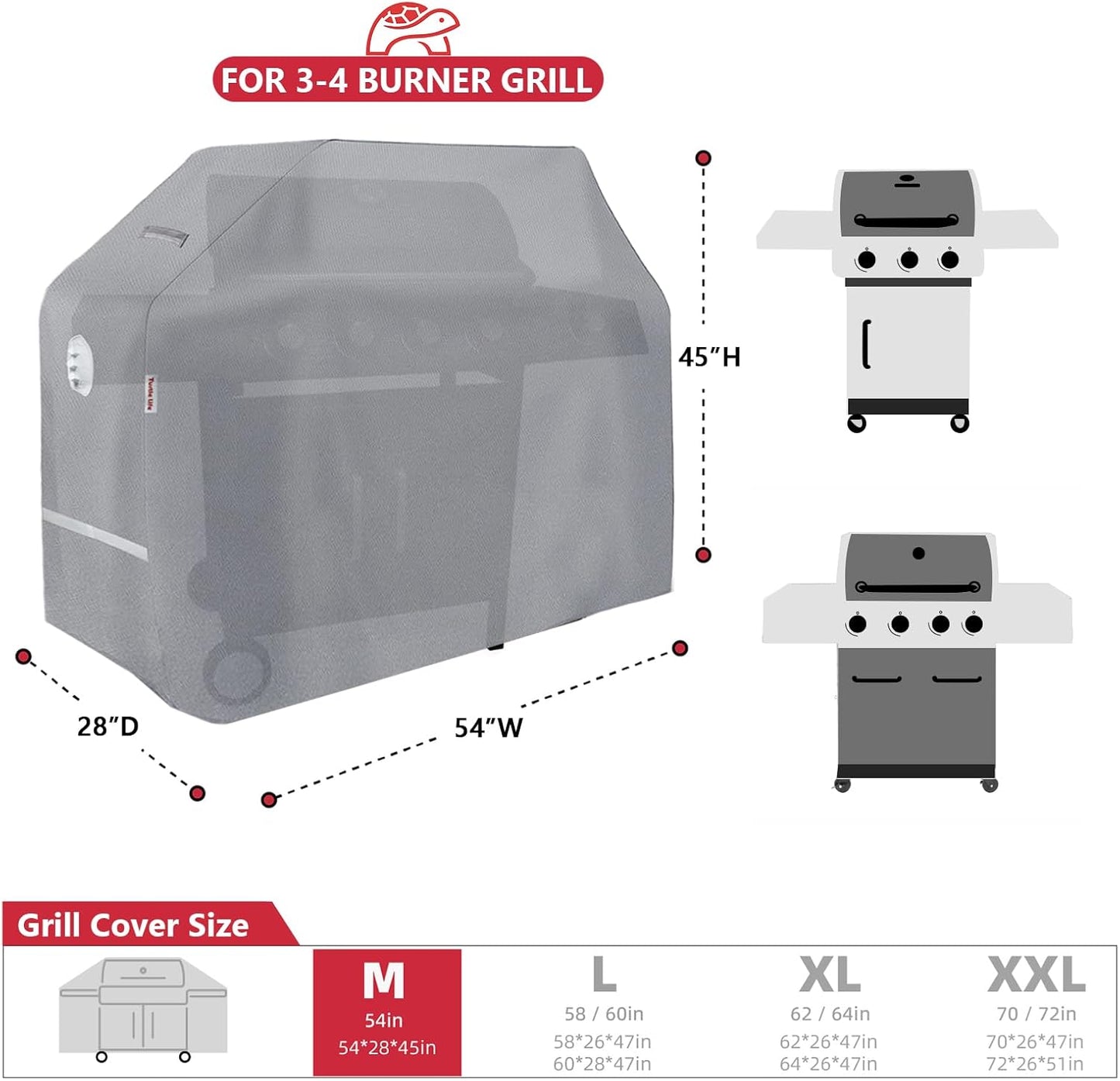 BBQ Grill Cover, 54 Inch Heavy Duty Waterproof 3-4 Burner Barbecue Gas Grill Covers for Weber Spirit Char-Broil Brinkmann, Gray