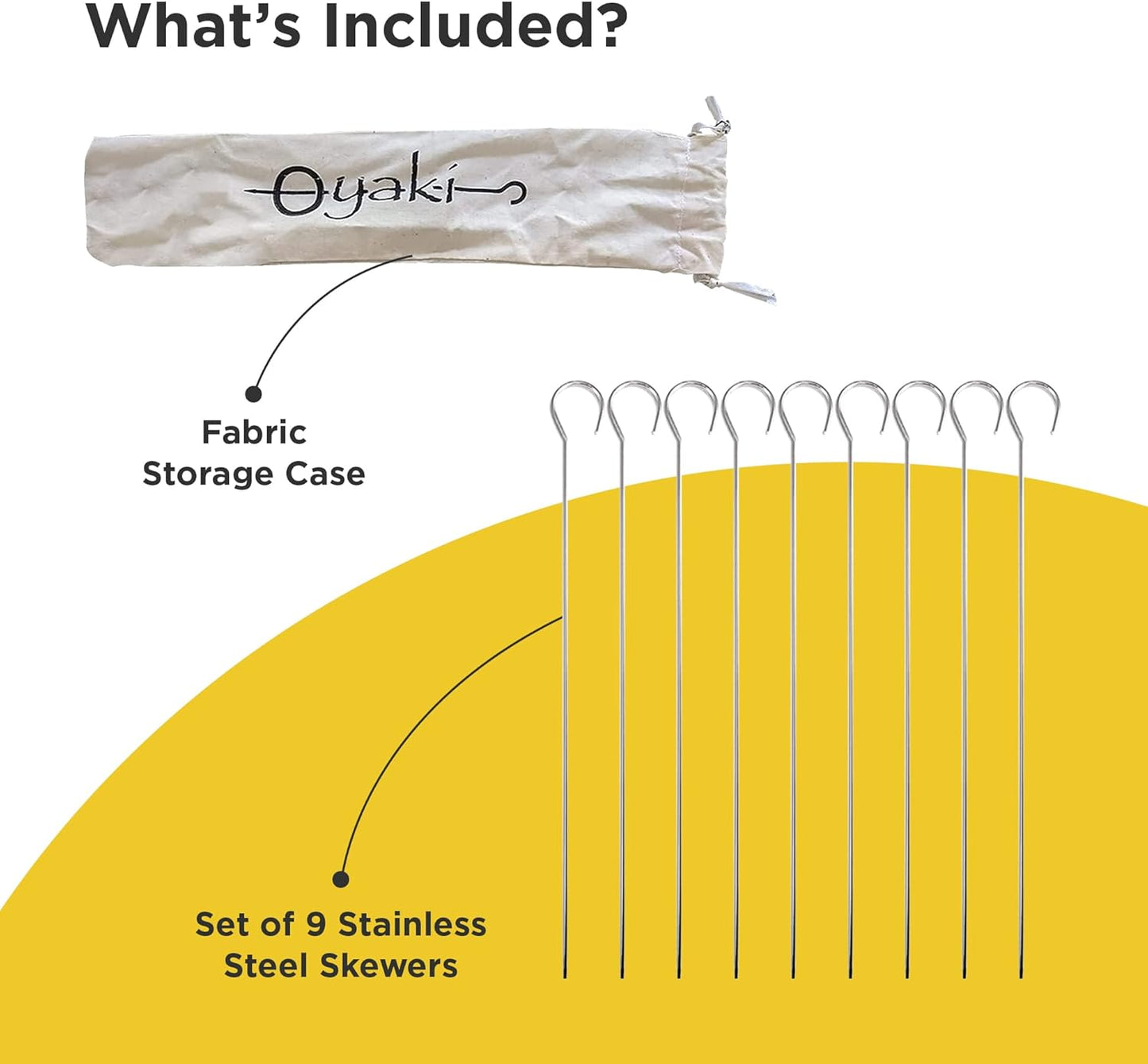 O-Yaki Flat Metal Kabob Skewer for Grilling – Set of 8 BBQ Skewers Stainless Steel with Storage Bag, Dishwasher Safe Skewers with Hook Handle & Sharp Tip for Outdoor BBQ, Cookouts & Oven Use – 8 Inch