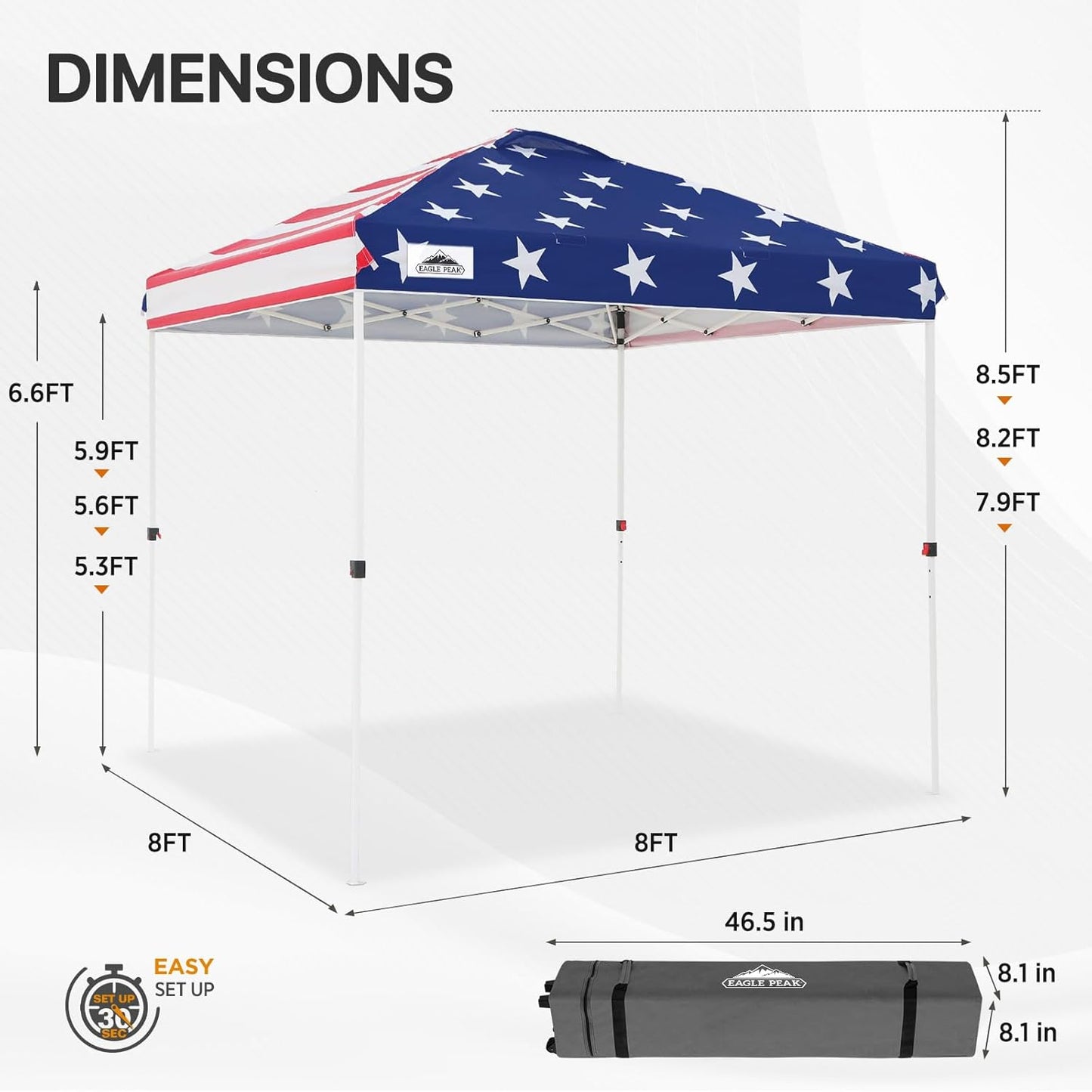 EAGLE PEAK Pop Up Canopy Tent with Wheeled Carry Bag, 8 Stakes, 4 Ropes, Easy Set Up Tent Canopy, 8x8 ft, American Flag