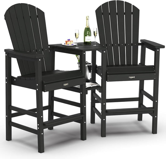 VINGLI Tall Adirondack Chairs Set of 2, HDPE Balcony Chair with Double Connecting Tray Weather Resistant Outdoor Bar Stools for Patio Deck Lawn Pool Backyard (Black)