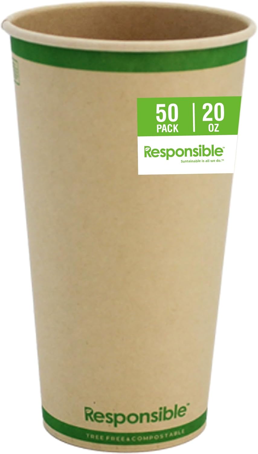 Certified Compostable 20 oz Paper Cups, Cold ＆ Hot Coffee Cups, Disposable Paper Cups, Extra Strength Disposable Cups, Made without PFAS (50 count)