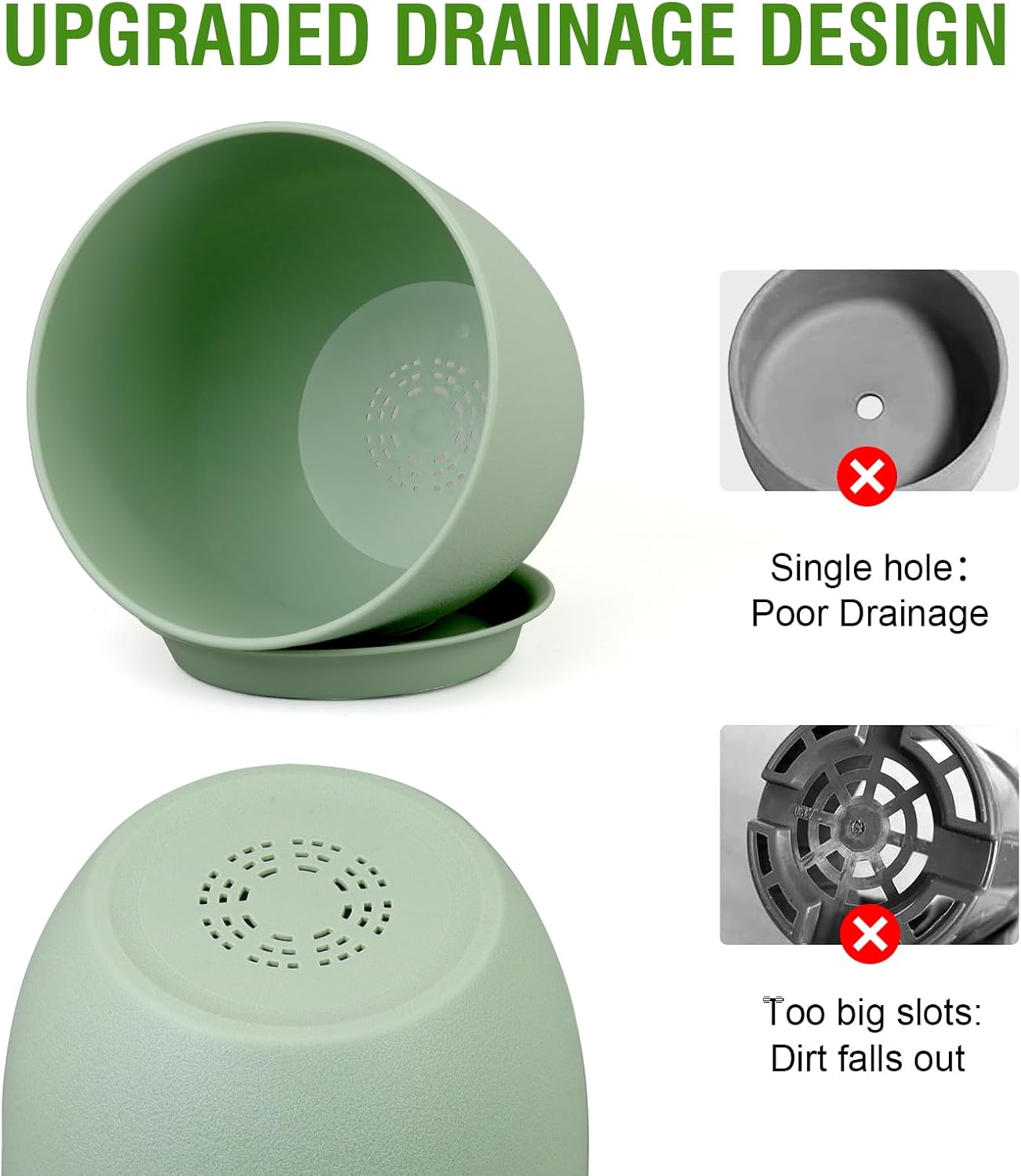 Flower Pots 9/8/7.5 inch, Plant Pots for Indoor Outdoor Plants, Set of 3 Modern Decorative Plastic Planters with Drainage Holes and Saucers for Garden Porch House Plants, Green