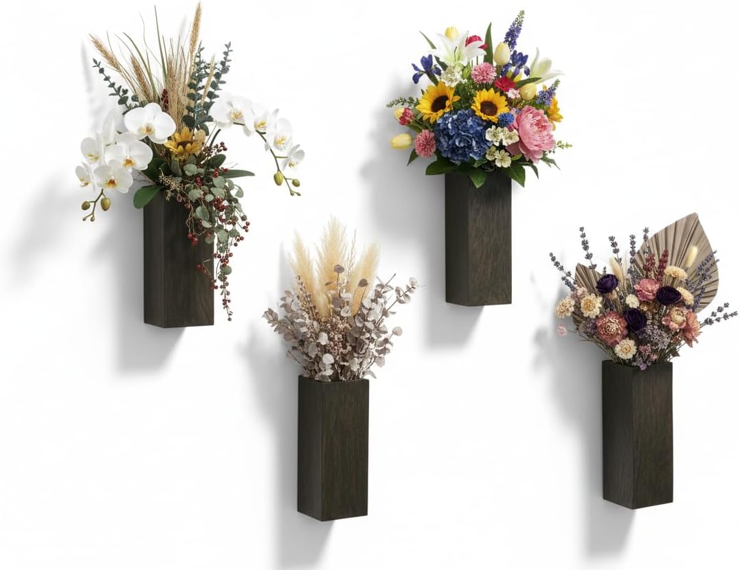 2 Pieces Wooden Wall Hanging Plant Pots Vase Contains Artificial Green Plants for Indoor Fake Plants Greenery Flowers, Modern Planters for Bathroom, Living Room, Kitchen Decor, (Brown)