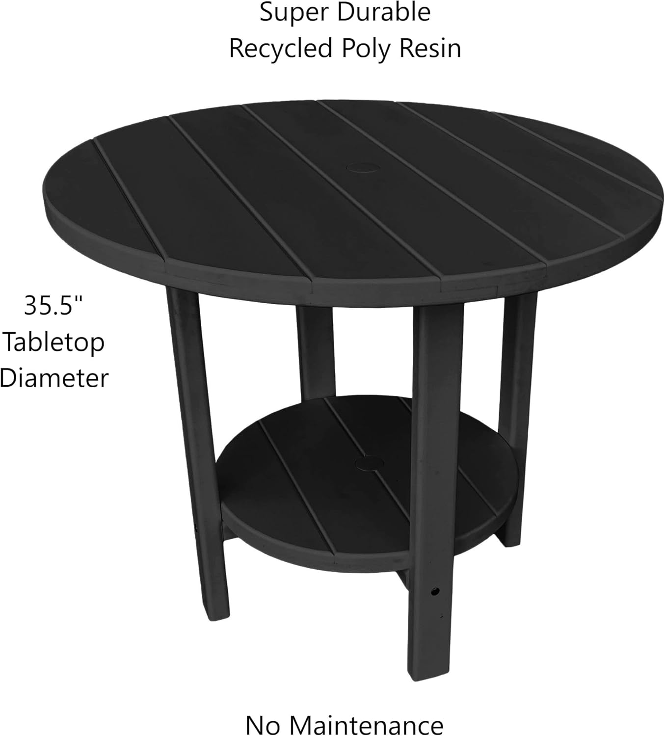 Phat Tommy Round Poly Resin Outdoor Patio Dining Table, All Weather Poly Patio Outdoor Furniture, Black