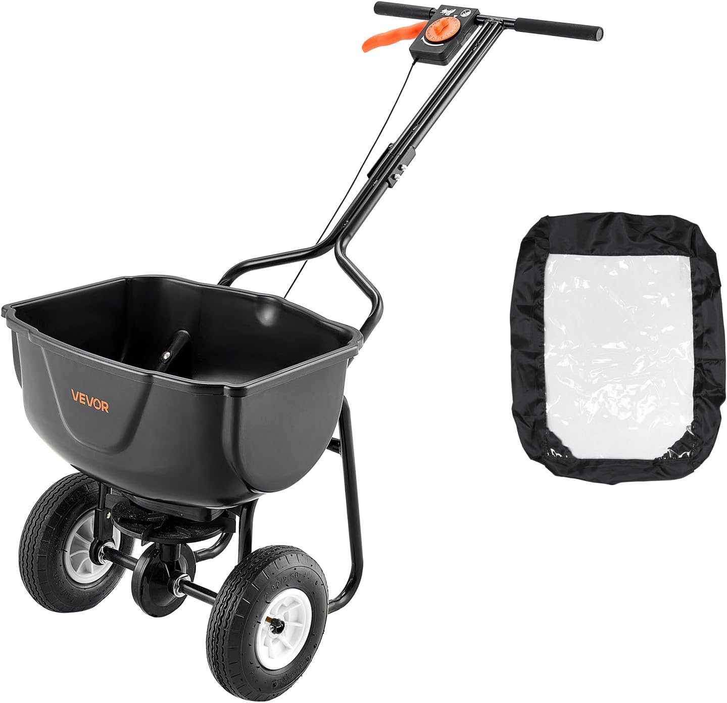 VEVOR Broadcast Spreader, 60LBS Capacity, Walk-Behind Push Spreader, 0-9.8 ft Spreading Width, 10 in All Terrain Pneumatic Tires, Lawn Spreaders with Hopper Grate, for Seed, Fertilizer, Salt, Ice Melt