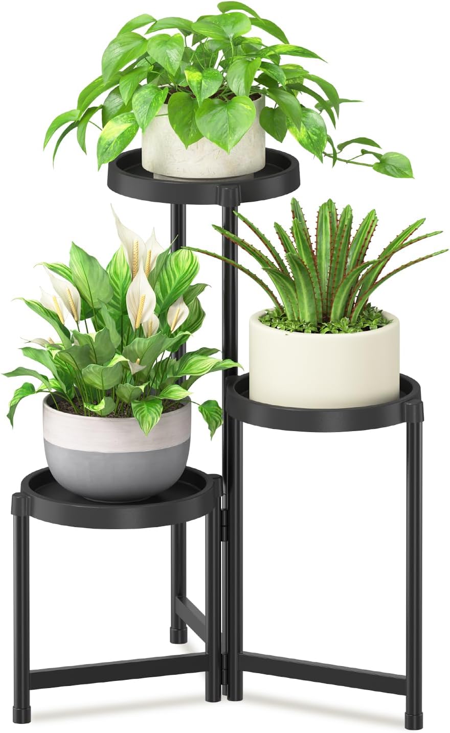 iDavosic.ly 3 Tier Folding Plant Stand Indoor Outdoor with Plastic Tray, Tiered Corner Flower Holder Shelf, Metal Orchid Display Rack for Patio Porch Living Room Garden Balcony, Modern Black
