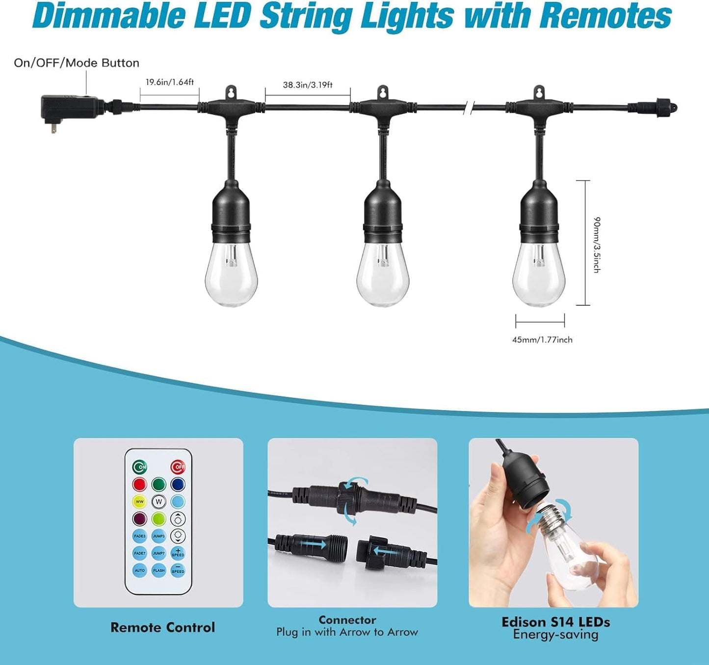 Auroraworld Outdoor String Lights, 24FT Color Changing Patio Lights Outdoor for Patio