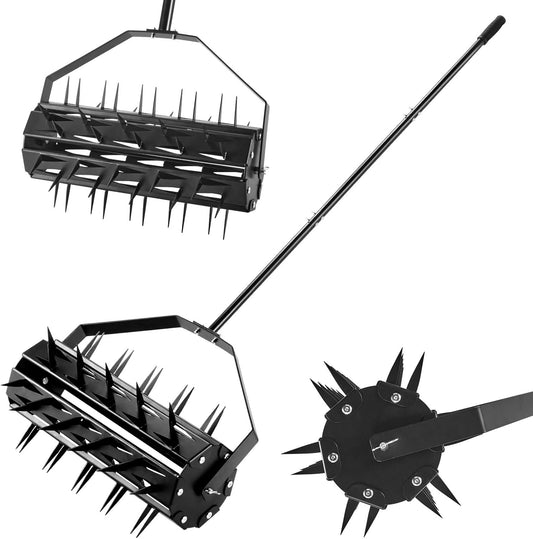 Rolling Lawn Aerator, Rotary Spike Lawn Aerator, Heavy Duty Manual Aerator Lawn Tool, 17-Inch Push Spike Aerator Roller with Adjustable Steel Handle for Garden, Lawns, Patio and Yard Grass Aeration