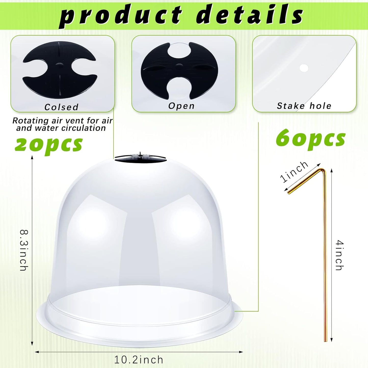 20 Pack Garden Cloche Plant Dome 10.2 D x 8.3 H Plant Cover Plastic Humidity Dome Reusable Plant Protector Mini Greenhouse Dome Plastic Plant Bell Cover with Ground Securing Pegs for Outdoors Plants